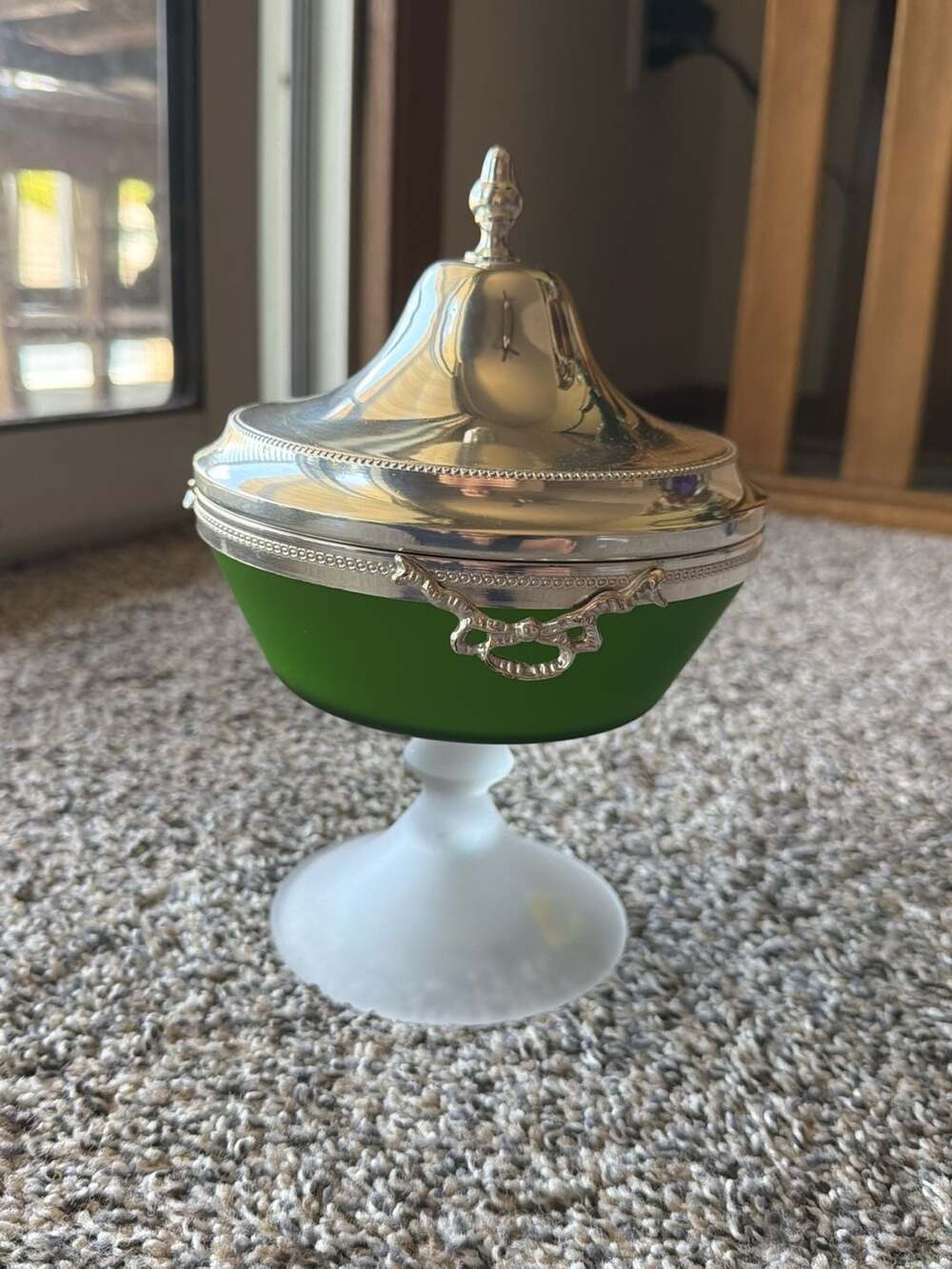 Vintage Green Satin Glass Covered Candy Dish with Silver Plated Bow Detail